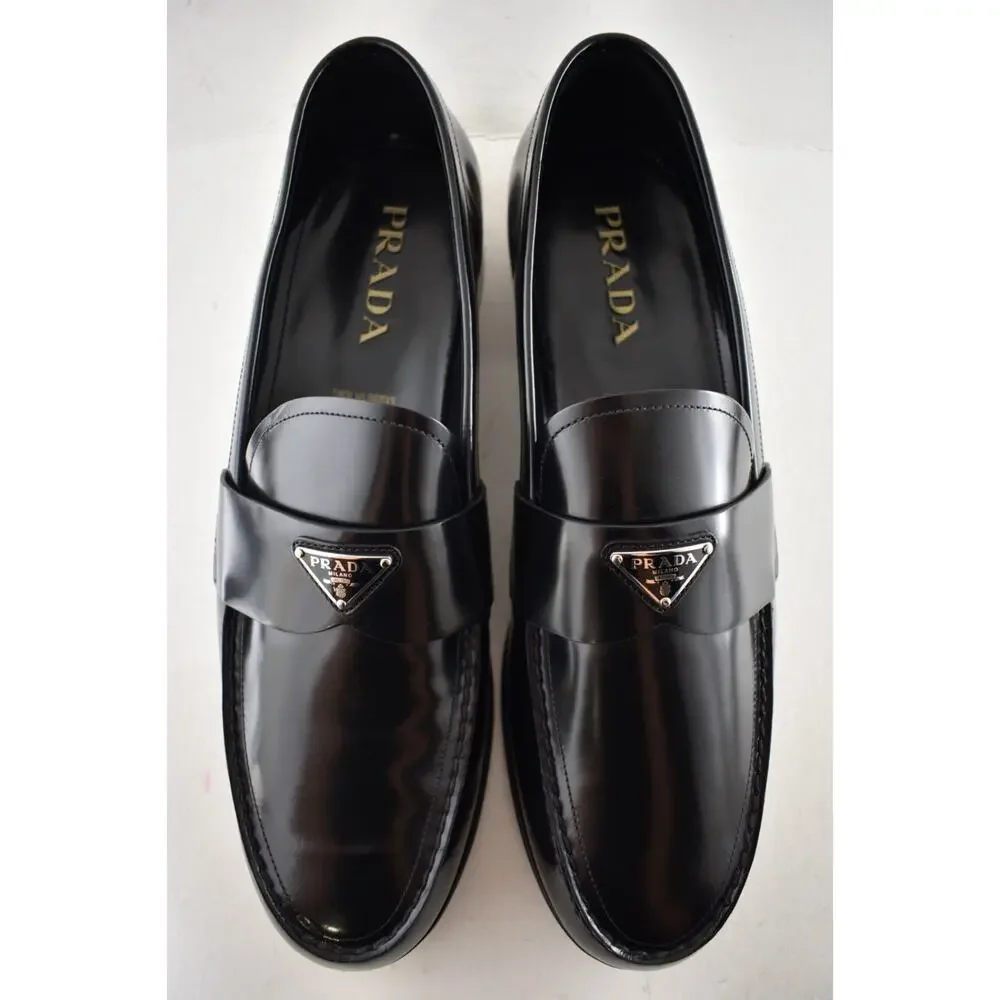 Prada Black Brushed Leather Triangle Logo Classic Loafer SlipOn Flat UK 12 US 13 - Picture 14 of 16